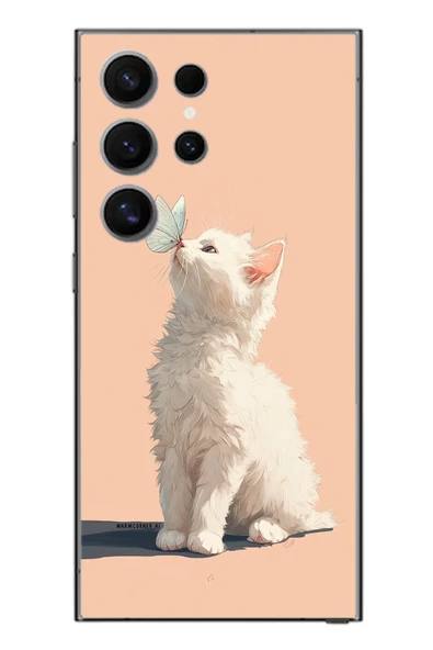 Le Balvo Samsung Galaxy S24 Ultra Uyumlu Beyaz Kelebekli Kedi Baskılı Silikon Kılıf ürün görseli 1
