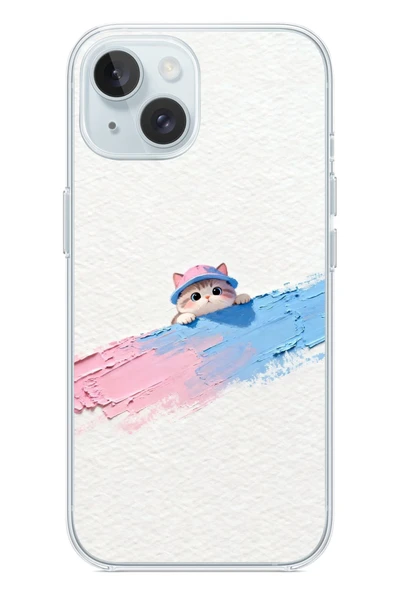 Le Balvo İphone 15 Uyumlu Pembe Mavi Kedi Baskılı Silikon Kılıf ürün görseli 1