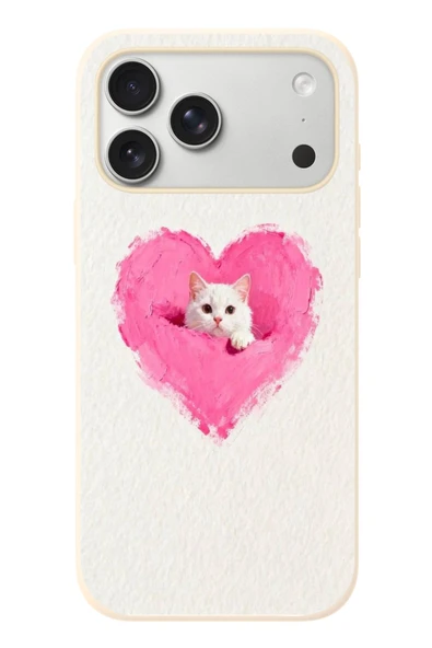 Le Balvo İphone 17 Pro Max Uyumlu Pembe Kalpli Kedi Baskılı Silikon Kılıf ürün görseli 1