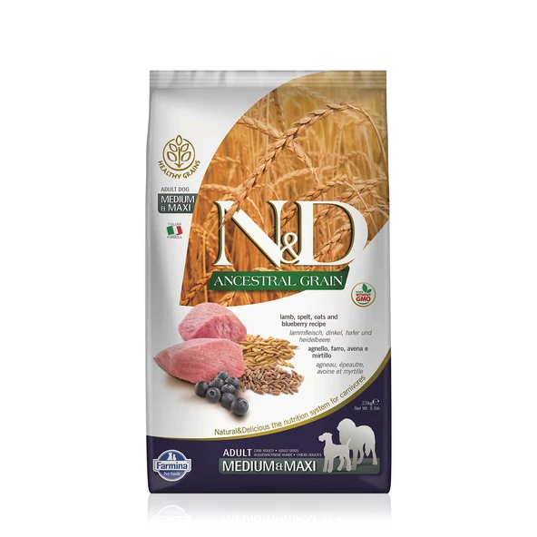 N&D Az Tahıllı Kuzu Etli Yaban Mersinli Genç ve Yetişkin Köpek Maması 2.5 Kg ürün görseli 1