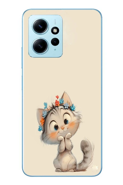 Le Balvo Redmi Note 12 4G Uyumlu Sevimli Çiçekli Kedi Baskılı Silikon Kılıf ürün görseli 1
