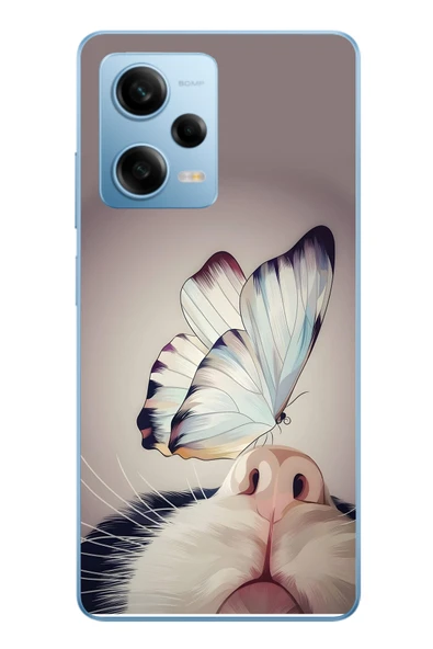 Le Balvo Redmi Note 12 Pro 5G Uyumlu Kelebekli Kedi Baskılı Silikon Kılıf ürün görseli 1