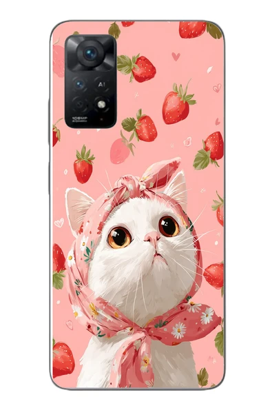 Le Balvo Redmi Note 11E Uyumlu Örtülü Kedi Çilekli Baskılı Silikon Kılıf ürün görseli 1