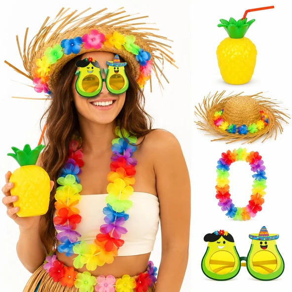 4 Parça Hawaii Parti Seti Ananas Bardak Hasır Şapka Avokado Gözlük Çiçek Kolye ürün görseli 1