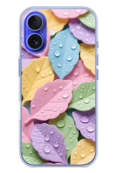 Le Balvo İphone 16 Uyumlu Pastel Damlalıklı Yapraklar Baskılı Silikon Kılıf ürün görseli 1