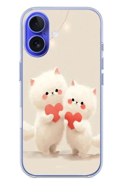 Le Balvo İphone 16 Uyumlu Kalpli Beyaz Kediler Baskılı Silikon Kılıf ürün görseli 1