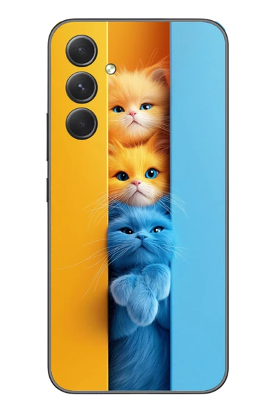 Le Balvo Samsung Galaxy A54 Uyumlu Mavi Sarı Kediler Baskılı Silikon Kılıf ürün görseli 1