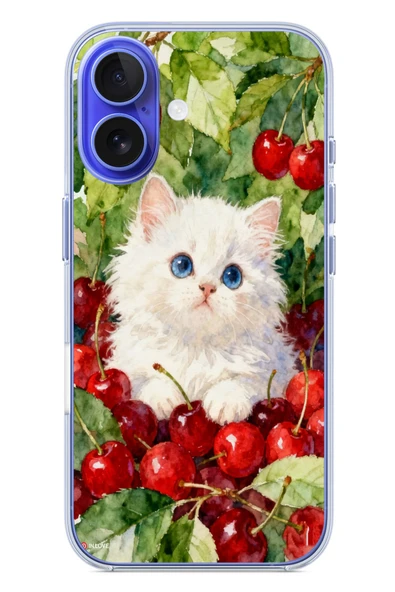 Le Balvo İphone 16 Uyumlu Kirazlı Kedi Baskılı Silikon Kılıf ürün görseli 1