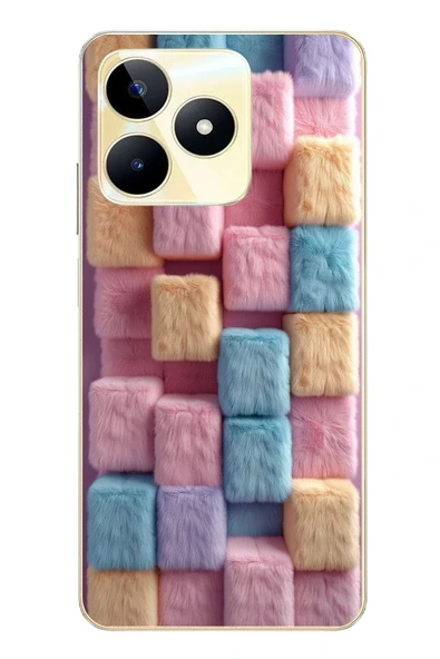 Le Balvo Realme C53 Uyumlu Pembe Tüylü Kareler Baskılı Silikon Kılıf ürün görseli 1
