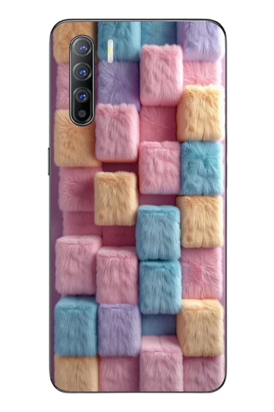 Le Balvo Oppo Reno 3 Uyumlu Pembe Tüylü Kareler Baskılı Silikon Kılıf ürün görseli 1
