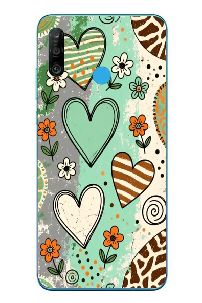 Le Balvo Huawei P30 Lite Uyumlu Renkli Kalpler Baskılı Silikon Kılıf ürün görseli 1