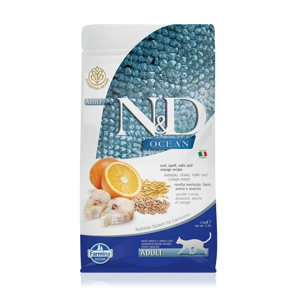 N&D Az Tahıllı Morina Balıklı Portakallı Yetişkin Kedi Maması 1.5 Kg ürün görseli 1