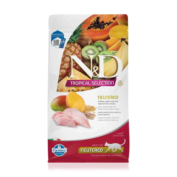 N&D Az Tahıllı Tavuk Etli Tropik Meyveli Kısırlaştırılmış Yetişkin Kedi Maması 1.5 Kg ürün görseli 1