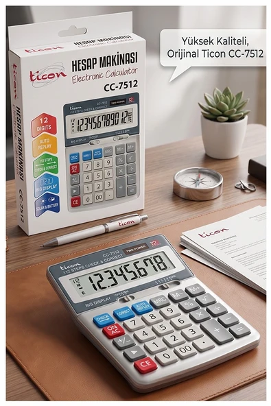 Hesap Makinesi Gri 12x17 cm 1 Adet Ticon TH-7512 12 Haneli Hafızalı Orta Boy Ofis Büro Masaüstü Hesap Makinası ürün görseli 1