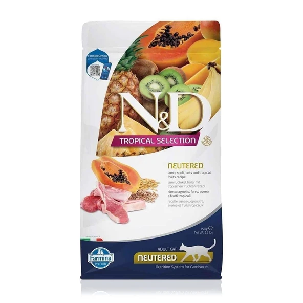 N&D Az Tahıllı Kuzu Etli Tropik Meyveli Kısırlaştırılmış Yetişkin Kedi Maması 1.5 Kg ürün görseli 1