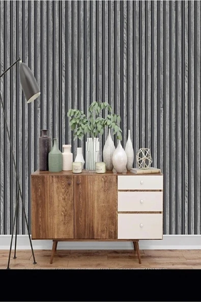 3d Effect 2062 Lambri Panel Ahşap Duvar Çıtası Desenli Gri Vinil Duvar Kağıdı 5,30 M ürün görseli 1