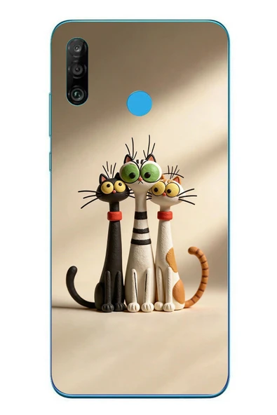 Le Balvo Huawei P30 Lite Uyumlu Neşeli Kedi Ailesi Baskılı Silikon Kılıf ürün görseli 1