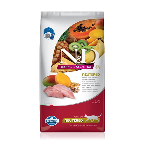 N&D Az Tahıllı Tavuk Etli Tropik Meyveli Kısırlaştırılmış Yetişkin Kedi Maması 10 Kg ürün görseli 1