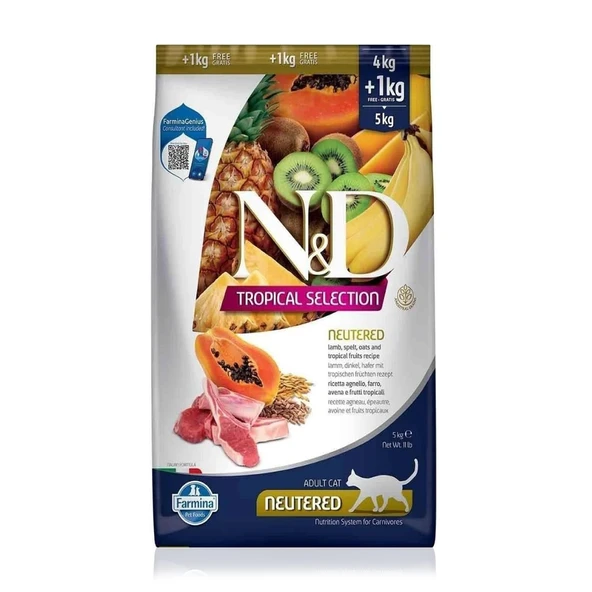 N&D Az Tahıllı Kuzu Etli Tropik Meyveli Kısırlaştırılmış Yetişkin Kedi Maması 5 Kg ürün görseli 1