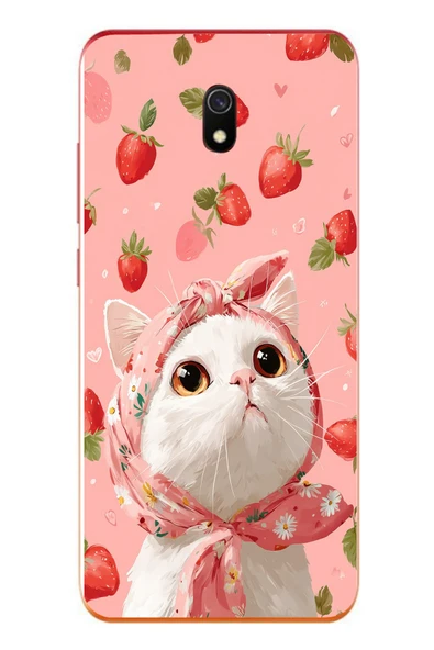 Le Balvo Redmi 8A Uyumlu Örtülü Kedi Çilekli Baskılı Silikon Kılıf ürün görseli 1