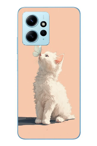 Le Balvo Redmi Note 12 4G Uyumlu Beyaz Kelebekli Kedi Baskılı Silikon Kılıf ürün görseli 1