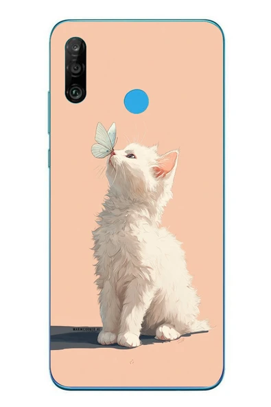 Le Balvo Huawei P30 Lite Uyumlu Beyaz Kelebekli Kedi Baskılı Silikon Kılıf ürün görseli 1