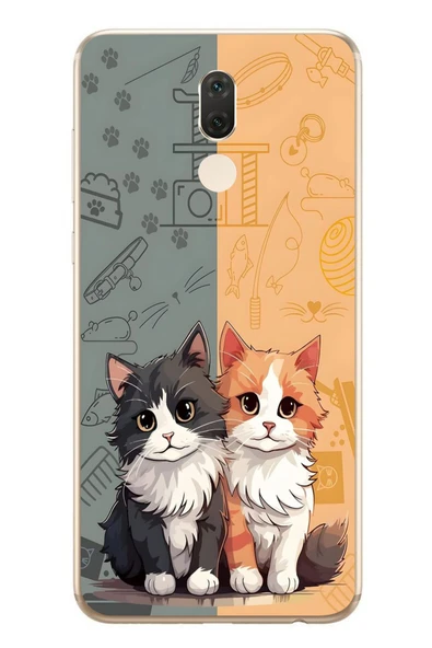 Le Balvo Huawei Mate 10 Lite Uyumlu Sarı ve Siyah Kedi Baskılı Silikon Kılıf ürün görseli 1