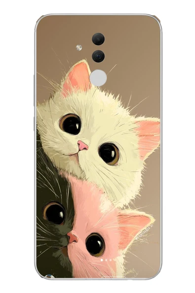 Le Balvo Huawei Mate 20 Lite Uyumlu Pembe Siyah Beyaz Kedi Baskılı Silikon Kılıf ürün görseli 1