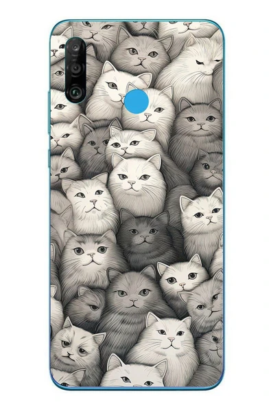 Le Balvo Huawei P30 Lite Uyumlu Kara Kalem Kediler Baskılı Silikon Kılıf ürün görseli 1