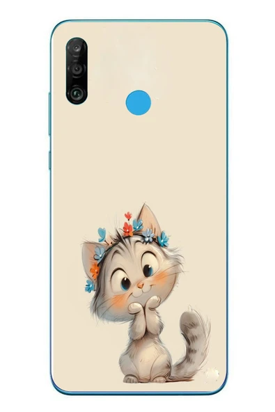 Le Balvo Huawei P30 Lite Uyumlu Sevimli Çiçekli Kedi Baskılı Silikon Kılıf ürün görseli 1