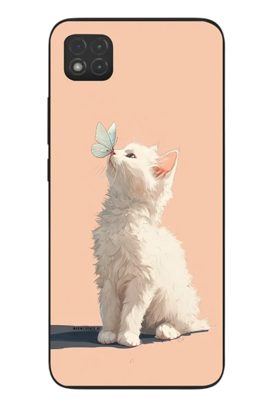Le Balvo Redmi 9C Uyumlu Beyaz Kelebekli Kedi Baskılı Silikon Kılıf ürün görseli 1