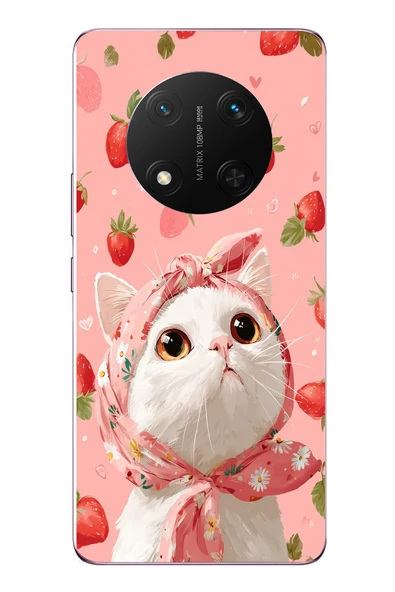 Le Balvo Honor Magic 7 Lite Uyumlu Örtülü Kedi Çilekli Baskılı Silikon Kılıf ürün görseli 1