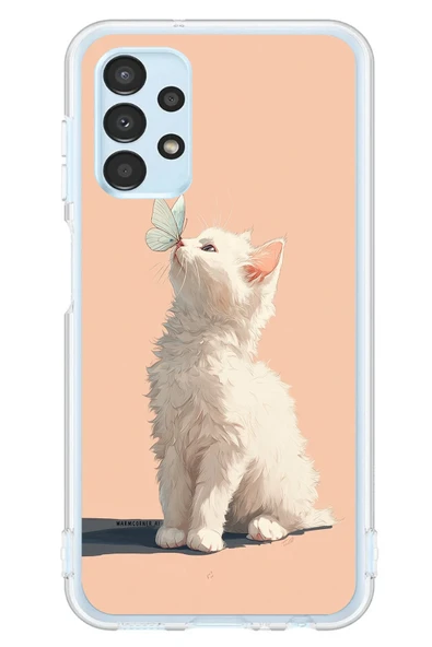 Le Balvo Samsung Galaxy A13 Uyumlu Beyaz Kelebekli Kedi Baskılı Silikon Kılıf ürün görseli 1