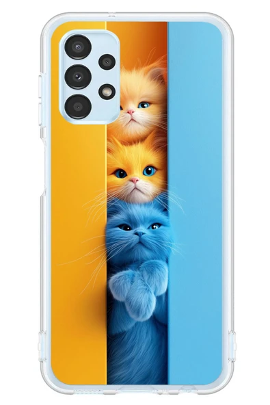 Le Balvo Samsung Galaxy A13 Uyumlu Mavi Sarı Kediler Baskılı Silikon Kılıf ürün görseli 1