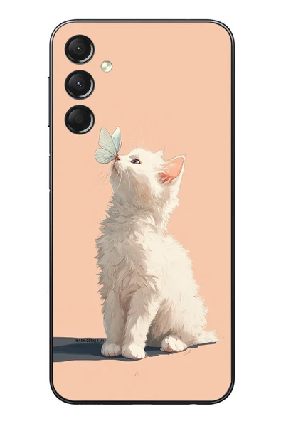 Le Balvo Samsung Galaxy A24 Uyumlu Beyaz Kelebekli Kedi Baskılı Silikon Kılıf ürün görseli 1