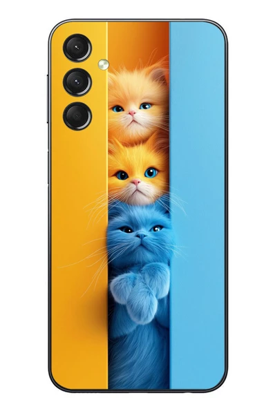Le Balvo Samsung Galaxy A24 Uyumlu Mavi Sarı Kediler Baskılı Silikon Kılıf ürün görseli 1