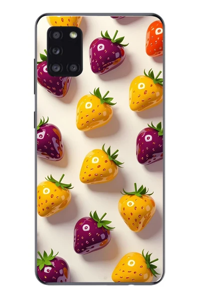 Le Balvo Samsung Galaxy A31 Uyumlu Sarı Kırmızı Çilekler Baskılı Silikon Kılıf ürün görseli 1