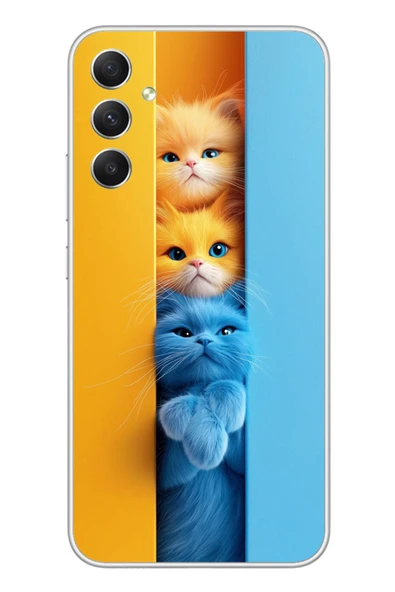 Le Balvo Samsung Galaxy A34 Uyumlu Mavi Sarı Kediler Baskılı Silikon Kılıf ürün görseli 1