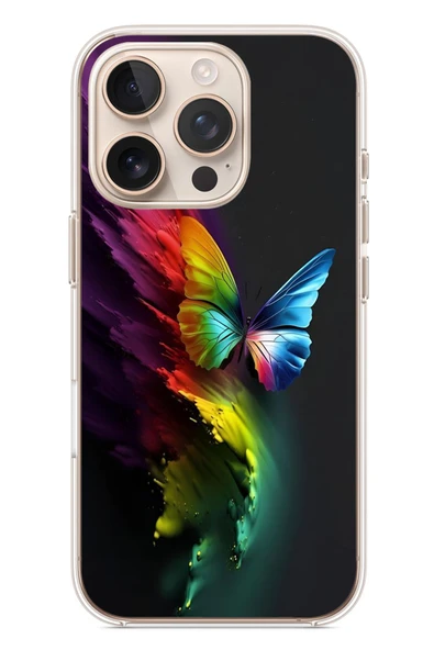 Le Balvo İphone 16 Pro Uyumlu Gökkuşağı Kelebeği Baskılı Silikon Kılıf ürün görseli 1