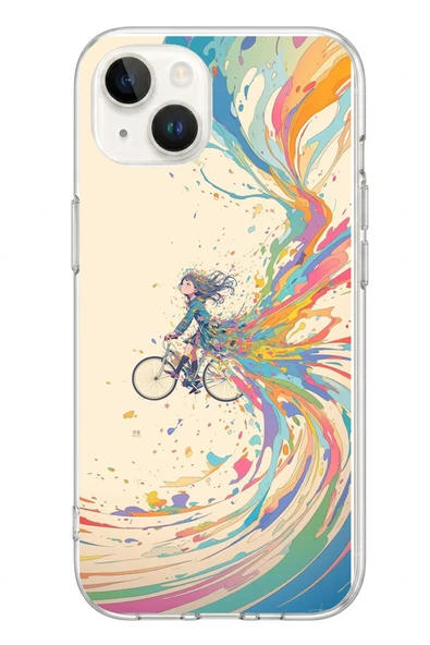 Le Balvo İphone 13/14 Uyumlu Rengarenk Bisikletli Kız Baskılı Silikon Kılıf ürün görseli 1