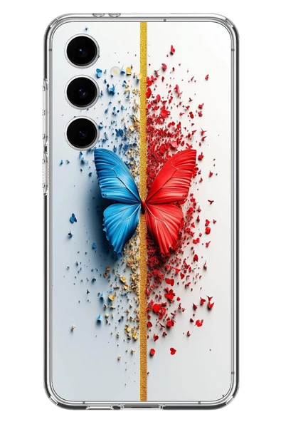Le Balvo Samsung Galaxy S24 FE Uyumlu Kırmızı Mavi Kelebek Baskılı Silikon Kılıf ürün görseli 1