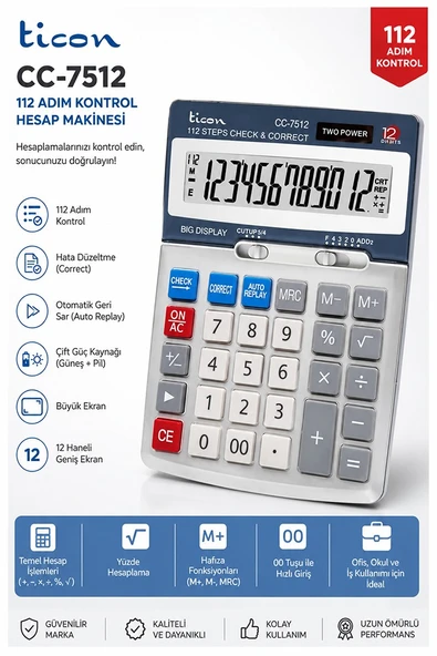 Hesap Makinesi Gri 12x17 cm 1 Adet Ticon TH-7512 12 Haneli Hafızalı Orta Boy Ofis Büro Masaüstü Hesap Makinası ürün görseli 1