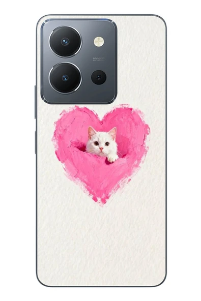 Le Balvo Vivo Y36 Uyumlu Pembe Kalpli Kedi Baskılı Silikon Kılıf ürün görseli 1