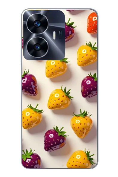 Le Balvo Realme C55 Uyumlu Sarı Kırmızı Çilekler Baskılı Silikon Kılıf ürün görseli 1
