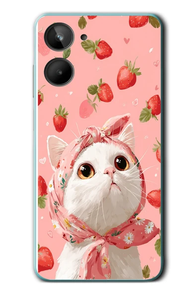 Le Balvo Realme 10 4G Uyumlu Örtülü Kedi Çilekli Baskılı Silikon Kılıf ürün görseli 1