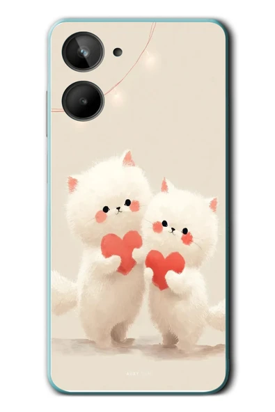 Le Balvo Realme 10 4G Uyumlu Kalpli Beyaz Kediler Baskılı Silikon Kılıf ürün görseli 1