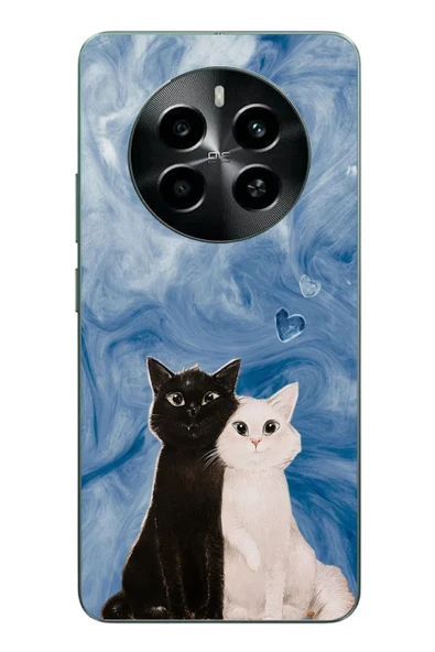 Le Balvo Realme 12 4G Uyumlu Siyah ve Beyaz Kedi Baskılı Silikon Kılıf ürün görseli 1