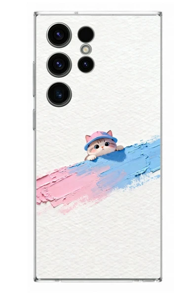 Le Balvo Samsung Galaxy S23 Ultra Uyumlu Pembe Mavi Kedi Baskılı Silikon Kılıf ürün görseli 1