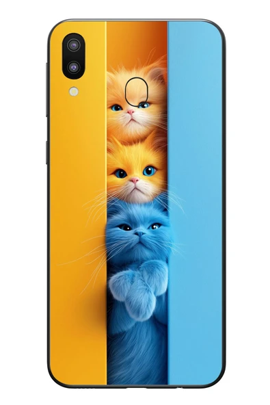 Le Balvo Samsung Galaxy M20 Uyumlu Mavi Sarı Kediler Baskılı Silikon Kılıf ürün görseli 1