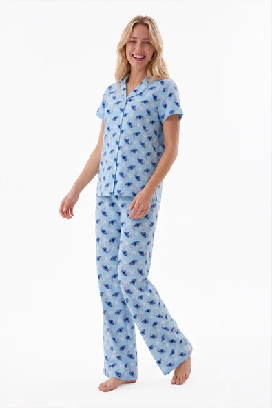 Mavi Stitch Önden Düğmeli Pijama Takımı ürün görseli 1